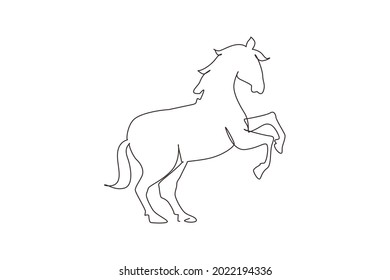 Single continuous line drawing proud white horse walks gracefully with its front hoof forward. Wild mustang gallops in free nature. Strong animal mascot. One line graphic design vector illustration