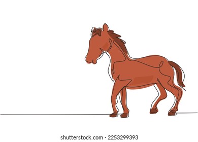 Single continuous line drawing proud white horse walks gracefully with its front hoof forward. Wild mustang gallops in free nature. Domesticated horse. One line draw graphic design vector illustration