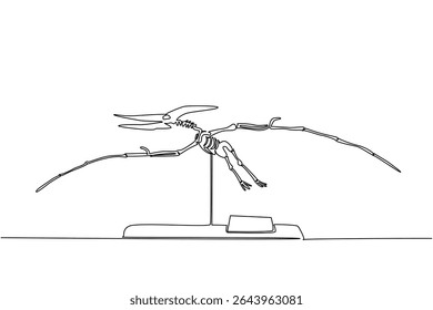 Single continuous line drawing pteranodon dinosaur skeleton in museum room. Wild animals flying in the past. Becoming a human threat. International Museum Day. One line design vector illustration
