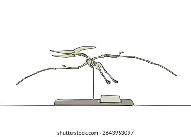 Single continuous line drawing pteranodon dinosaur skeleton in museum room. Wild animals flying in the past. Becoming a human threat. International Museum Day. One line design vector illustration