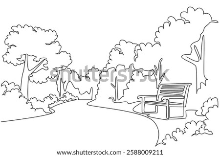Single continuous line drawing public garden with path, park benches and trees. A relaxing weekend. Green is a treat for the eyes. National Public Gardens Day. One line design vector illustration