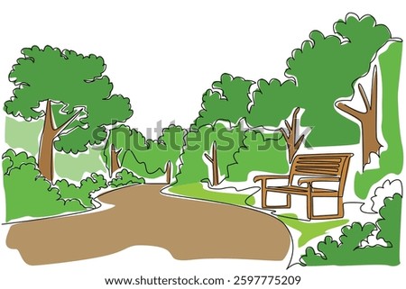 Single continuous line drawing public garden with path, park benches and trees. A relaxing weekend. Green is a treat for the eyes. National Public Gardens Day. One line design vector illustration