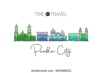 Single continuous line drawing of Puebla skyline, Mexico. Famous city scraper landscape. World travel destination home wall decor poster print concept. Modern one line draw design vector illustration