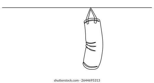 Single continuous line drawing punching bag for boxing gear logo. Boxing equipment for training at indoor gym. Boxer punch practice for match, Punchbag continuous one line drawing. Heavy bag single. 