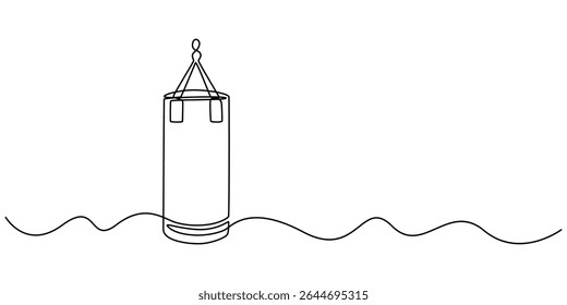 Single continuous line drawing punching bag for boxing gear logo. Boxing equipment for training at indoor gym. Boxer punch practice for match, Punchbag continuous one line drawing. Heavy bag single. 