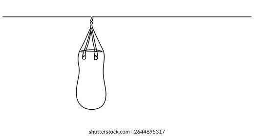 Single continuous line drawing punching bag for boxing gear logo. Boxing equipment for training at indoor gym. Boxer punch practice for match, Punchbag continuous one line drawing. Heavy bag single. 