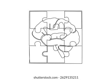 Linha contínua única desenhando as peças do quebra-cabeça na forma média vista lateral de um cérebro. Desequilíbrio químico no cérebro. Doença. Dia Mundial da Esquizofrenia. Ilustração de vetor de design de uma linha