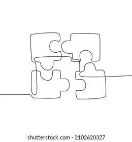 Single continuous line drawing, of puzzles that need to be solved together. Minimalism and Trendy teamwork concept one line draw graphic design vector illustration. 