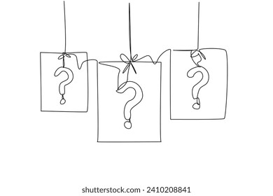 Single continuous line drawing of question mark sign on paper posters hanging with rope. National Trivia Day. 