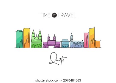 Single continuous line drawing of Quito city skyline, Ecuador. Famous city scraper and landscape. World travel destination concept. Editable stroke modern one line draw art design vector illustration