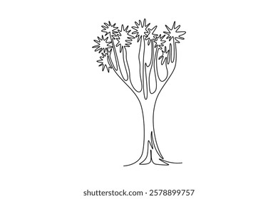 Single continuous line drawing quiver tree forest. Decorative aloidendron dichotomum tree national park. Tourist and travel vacation concept. Dynamic one line draw graphic design vector illustration