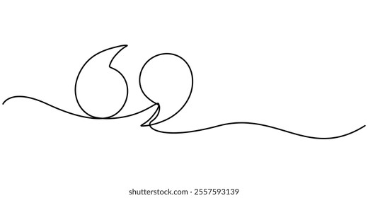 Single continuous line drawing of a quote mark. One continuous line of a quote mark drawing. Vector illustration. Quote linear design, Quote in speech with commas, quotation mark in talk, continuous. 