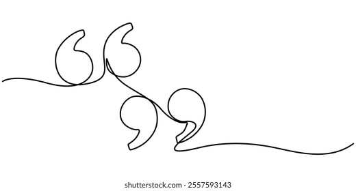 Single continuous line drawing of a quote mark. One continuous line of a quote mark drawing. Vector illustration. Quote linear design, Quote in speech with commas, quotation mark in talk, continuous. 