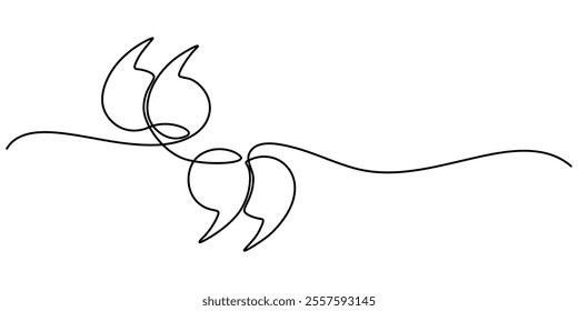 Single continuous line drawing of a quote mark. One continuous line of a quote mark drawing. Vector illustration. Quote linear design, Quote in speech with commas, quotation mark in talk, continuous. 