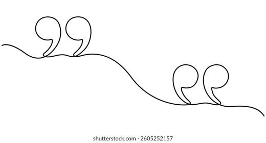 Single continuous line drawing of a quote mark. One continuous line of a quote mark drawing. Vector illustration. Quote linear design, Quote in speech with commas, quotation mark in talk, minimalist.