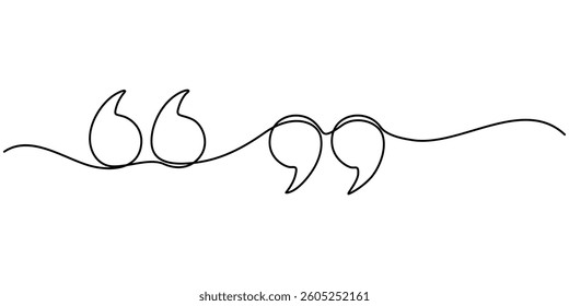 Single continuous line drawing of a quote mark. One continuous line of a quote mark drawing. Vector illustration. Quote linear design, Quote in speech with commas, quotation mark in talk, minimalist.