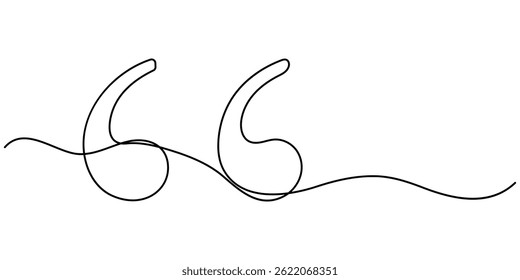 Single continuous line drawing of a quote mark. One continuous line of a quote mark drawing. Vector illustration. Quote linear design, quote mark icon symbol.