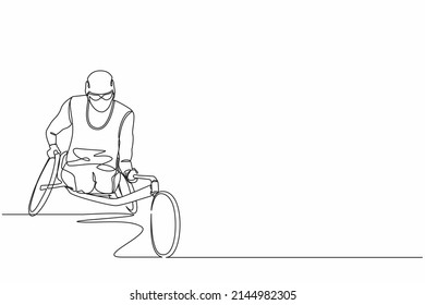 Single continuous line drawing racing on the sports wheelchair. Disability sportsman in games tournament. Hobbies and interests of people with disabilities. One line graphic design vector illustration