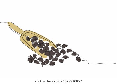 Single continuous line drawing raisins scattered and some in the wooden scoop. Good quality dried grapes. Delicious and refreshing to snack on. National Raisin Day. One line design vector illustration