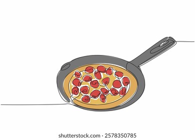 Single continuous line drawing raspberry popover with non stick pan container. High fiber dessert. Good for digestion. Homemade. National Raspberry Popover Day. One line design vector illustration