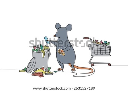 Single continuous line drawing rats throw rubbish from the box in the trolley into the trash can. Throw garbage in its place. Environment. National Pack Rat Day. One line design vector illustration