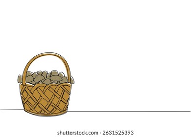 Single continuous line drawing rattan basket filled with mushrooms. The result of good cultivation efforts. A satisfying harvest. National Mushroom Hunting Day. One line design vector illustration