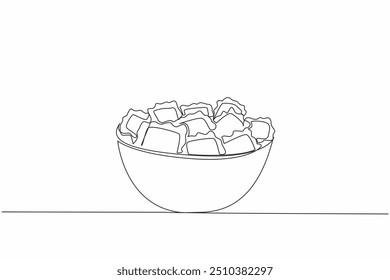 Single continuous line drawing ravioli in a bowl. Italian dumplings filled with meat, vegetables and cheese. Italian cuisine. Italian dish. National Ravioli Day. One line design vector illustration