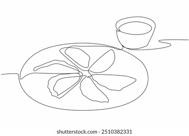 O ravioli de desenho de linha única contínua é formado em semicírculos e servido em uma placa. Comido com molho de tomate para torná-lo mais delicioso. Dia Nacional de Ravioli. Ilustração de vetor de design de uma linha