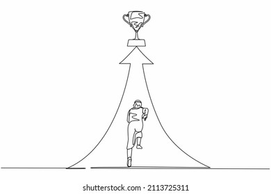 Single continuous line drawing reach for trophy. Arab businessman runs to target. Man working for goal, success, development, ability, victory, motivation. One line graphic design vector illustration