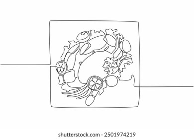 Single continuous line drawing a ready-to-eat crab on a square plate. There are garnishes to beautify the dish. High protein foods. Tasty. National Crab Meat Day. One line design vector illustration