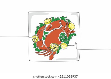 Uma única linha contínua desenhando um caranguejo pronto para comer em uma placa quadrada. Há guarnições para embelezar o prato. Alimentos ricos em proteínas. Saboroso. Dia Nacional da Carne do Caranguejo. Ilustração de vetor de design de uma linha