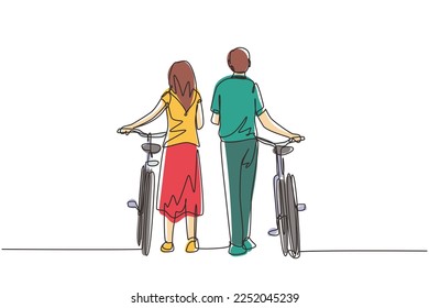 Single continuous line drawing rear view couple man and woman walking together with bicycle. Young boy and girl in love. Happy romantic married couple. One line draw graphic design vector illustration