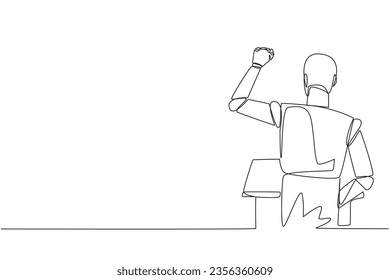 Single continuous line drawing rear view of smart robotic speaking at the podium. Raising and clenching hands, enthusiastically gave financial gain oration. Orator. One line design vector illustration