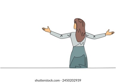 Single continuous line drawing rear view of businesswoman speaking at the podium while opening hands. Style like successful motivator. Invite to increase business. One line design vector illustration