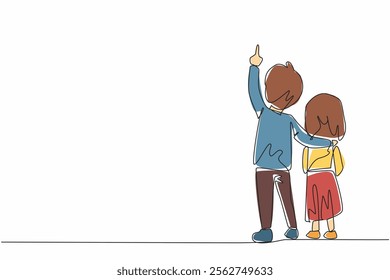 Single continuous line drawing rear view, a boy embraces his little sister with his hand pointing up. Learn about natural science. Amazing. Look Up at The Sky Day. One line design vector illustration