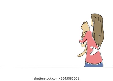 Uma única linha contínua desenhando vista traseira, uma mulher em roupas casuais está abraçando um gato. Proprietários amigáveis e animais mansos. Amizade. Dia Internacional do Abraço do Gato. Ilustração de vetor de design de uma linha
