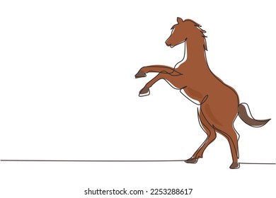 Single continuous line drawing rearing up wild horse. Strong character. Equestrian jumping training. Horse racing logo symbol, equestrian sport badge. One line draw graphic design vector illustration