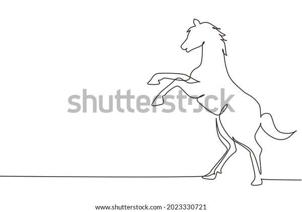 Single continuous line drawing rearing up
wild horse. Strong character. Equestrian jumping training. Horse
racing logo symbol, equestrian sport badge. One line draw graphic
design vector
illustration