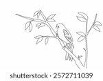 Single continuous line drawing red winged blackbird perched on a tree branch with leaves. Beautiful hairy. Bright morning atmosphere. International Dawn Chorus Day. One line design vector illustration