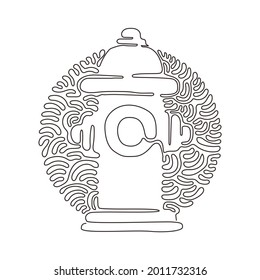 Single continuous line drawing red fire hydrant icon. Tool used by firefighters for extinguishing flames. Swirl curl circle background style. Dynamic one line draw graphic design vector illustration