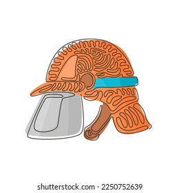 Single continuous line drawing red firefighter helmet with protective glass. Equipment for firefighter or volunteer. Swirl curl style concept. Dynamic one line draw graphic design vector illustration