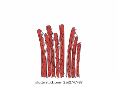 Single continuous line drawing red licorice candy sticks. The sweet one that contains many benefits. Traditional cough suppressant medicine. National Licorice Day. One line design vector illustration