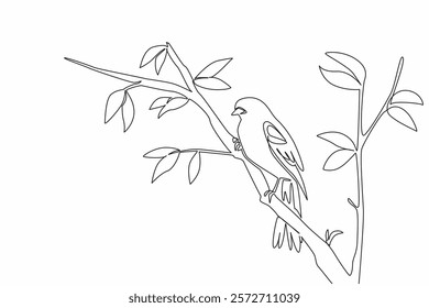 Single continuous line drawing red winged blackbird perched on a tree branch with leaves. Beautiful hairy. Bright morning atmosphere. International Dawn Chorus Day. One line design vector illustration