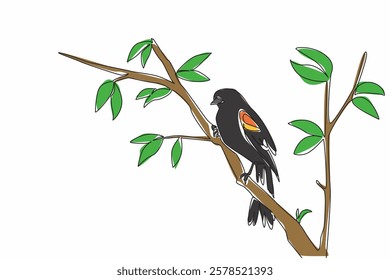 Single continuous line drawing red winged blackbird perched on a tree branch with leaves. Beautiful hairy. Bright morning atmosphere. International Dawn Chorus Day. One line design vector illustration