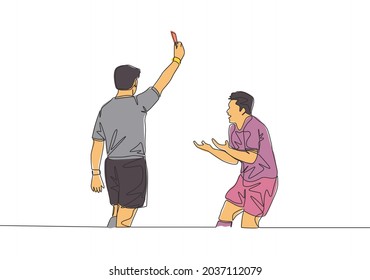 Single continuous line drawing of referee punished young football player a yellow card to his foul at the game. Soccer match sports concept. One line draw design vector illustration