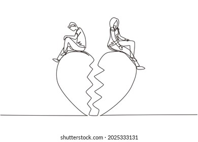 Single continuous line drawing relationship break up, broken heart, couple facing opposite direction. Couple sitting on big broken heart shape. Dynamic one line draw graphic design vector illustration