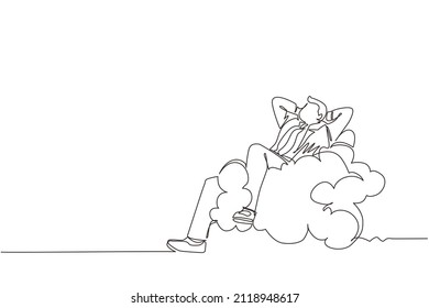 Single continuous line drawing relaxed and successful happy businessman relaxing laying on clouds. Break, vacation, coffee time and relaxation. Dynamic one line draw graphic design vector illustration