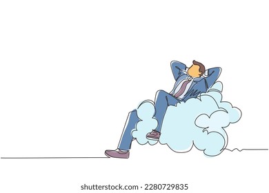 Single continuous line drawing relaxed and successful happy businessman relaxing laying on clouds. Break, vacation, coffee time and relaxation. Dynamic one line draw graphic design vector illustration