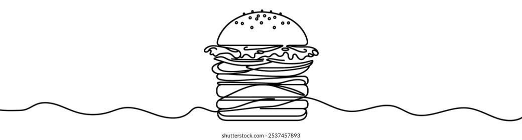 Single continuous line drawing representing a big hamburger
