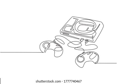 Single continuous line drawing of retro old classic arcade video game player with cassette. Vintage console game item concept one line graphic draw design vector illustration